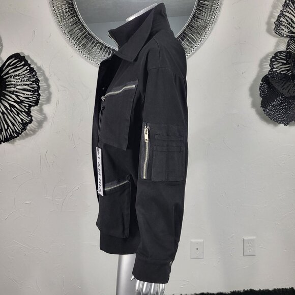 NWT~$295~I AM GIA~S/M~BLACK MILITARY UTILITY CARGO DENIM JEAN JACKET COAT - Picture 12 of 16